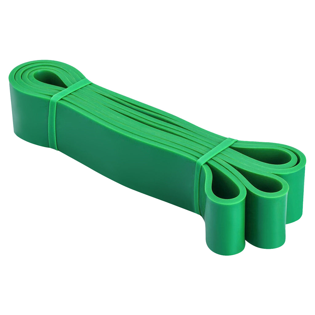 A set of five resistance bands in different colors, including yellow, red, black, purple, and green, displayed with a black carrying pouch.