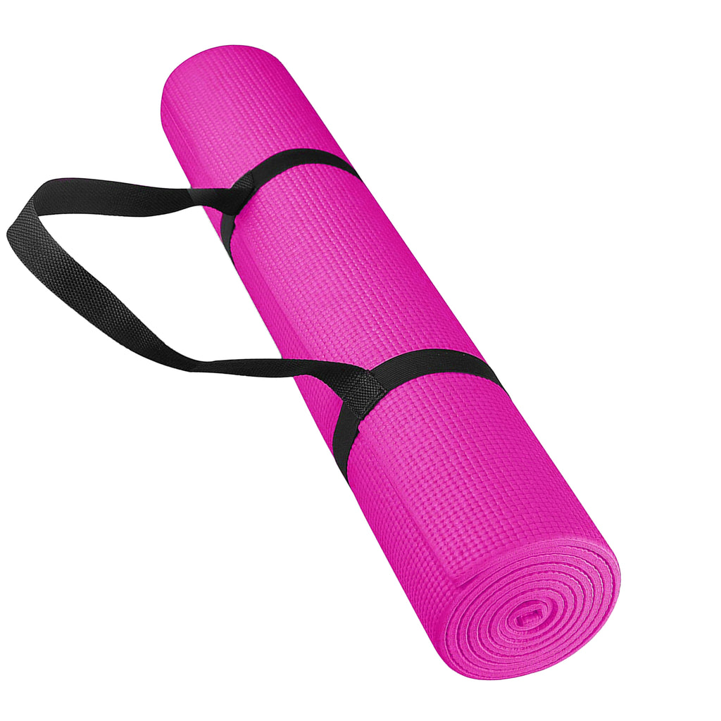 A rolled up purple yoga mat with a black carrying strap.