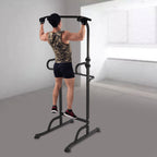 Person using a pull-up bar in a home gym setting