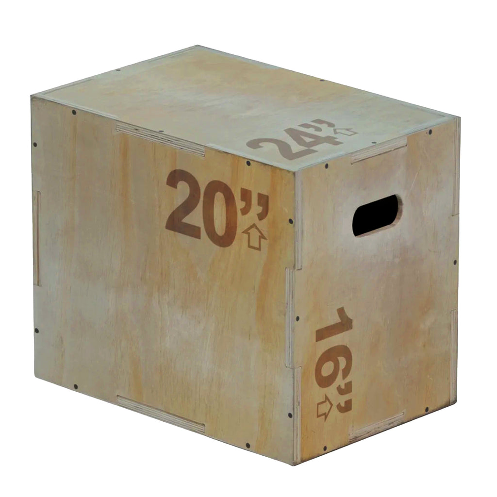 A beige 3-in-1 wooden plyometric jump box with marked heights for box jumps and step-ups.
