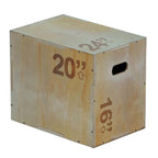A beige 3-in-1 wooden plyometric jump box with marked heights for box jumps and step-ups.
