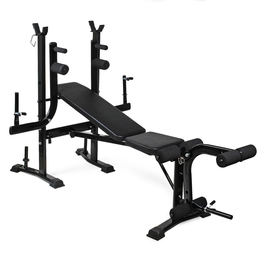 Black weight bench with adjustable components on a white background