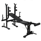 Black weight bench with adjustable components on a white background