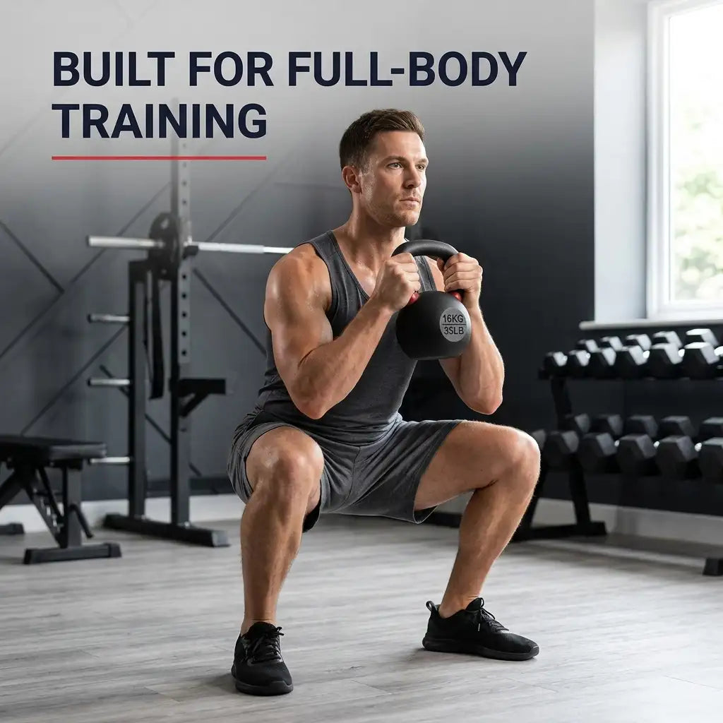 A man in a gym performing a deep squat while holding a black kettlebell. He is wearing a dark gray tank top, shorts, and black athletic shoes.