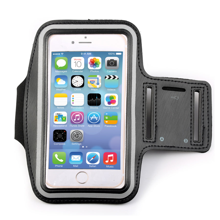 A black sports armband phone holder with an adjustable strap, designed to fit smartphones like the iPhone or Samsung Galaxy. It shows a smartphone with a touchscreen visible and the armband's Velcro closure on the side.