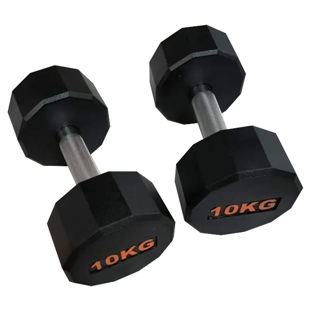 Pair of black dumbbells with '10KG' marking on a white background