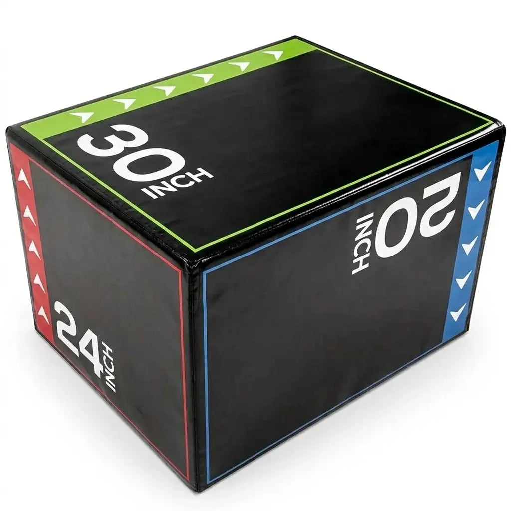 A black plyo box with printed size markings showing 30 inch, 20 inch, and 24 inch dimensions, photographed on a clean white background.