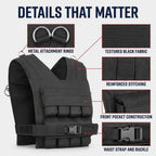 Black tactical weight vest shown with callout labels highlighting key features: metal attachment rings, textured black fabric, reinforced stitching, front pocket construction, and waist strap and buckle. The image has a light gray background and the headline 'DETAILS THAT MATTER' at the top.