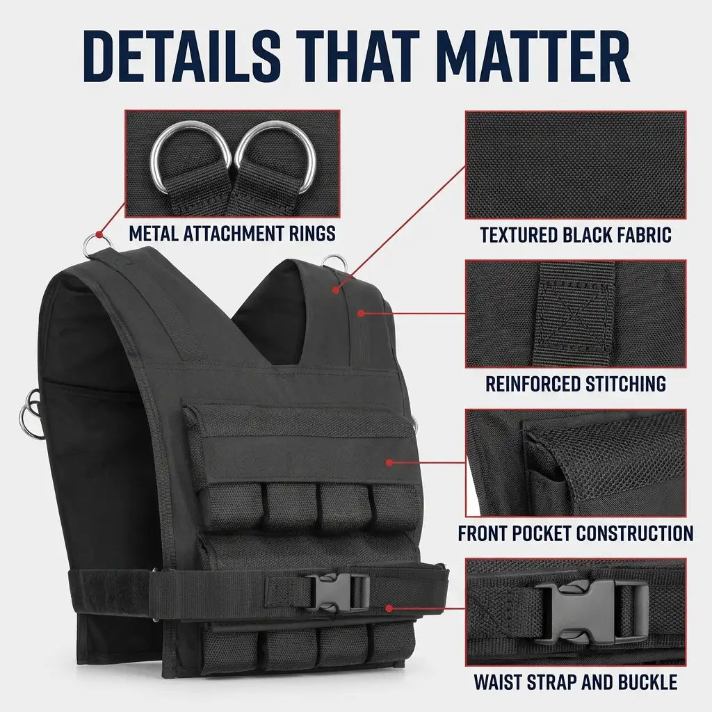 Black tactical weight vest shown with callout labels highlighting key features: metal attachment rings, textured black fabric, reinforced stitching, front pocket construction, and waist strap and buckle. The image has a light gray background and the headline 'DETAILS THAT MATTER' at the top.
