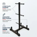 Black steel weight rack with three horizontal bar holders and text callouts describing 3-tier plate storage, dedicated bar storage, and stable base design on a light gray background.