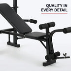 Black adjustable weight bench with leg extension and angled backrest, shown on a clean white studio background with the text 'QUALITY IN EVERY DETAIL' in the top right.