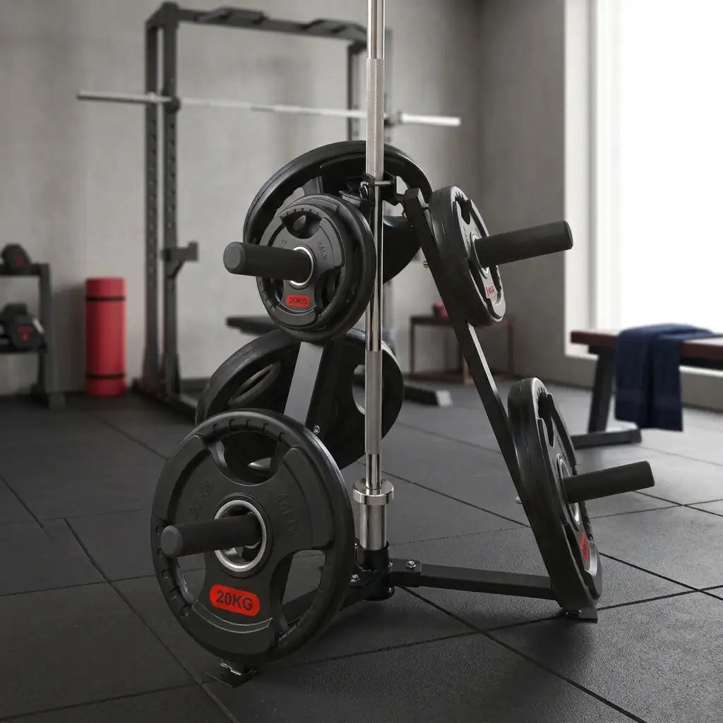 A black and silver weight stack rack loaded with black 20kg weight plates, shown in a gym setting with a squat rack and window in the background.