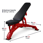 Adjustable weight bench with red steel frame and black padded seat and backrest, shown on a light gray background with callout labels for FID adjustable design, padded seat and backrest, heavy-duty steel frame, and 590 kg / 1,300 lbs capacity.