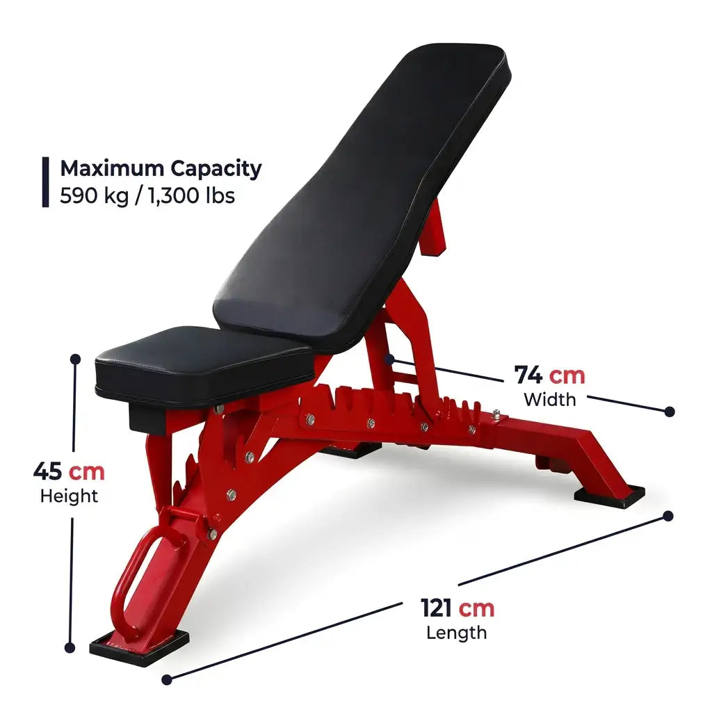 Adjustable weight bench with red steel frame and black padded seat and backrest, shown on a light gray background with callout labels for FID adjustable design, padded seat and backrest, heavy-duty steel frame, and 590 kg / 1,300 lbs capacity.