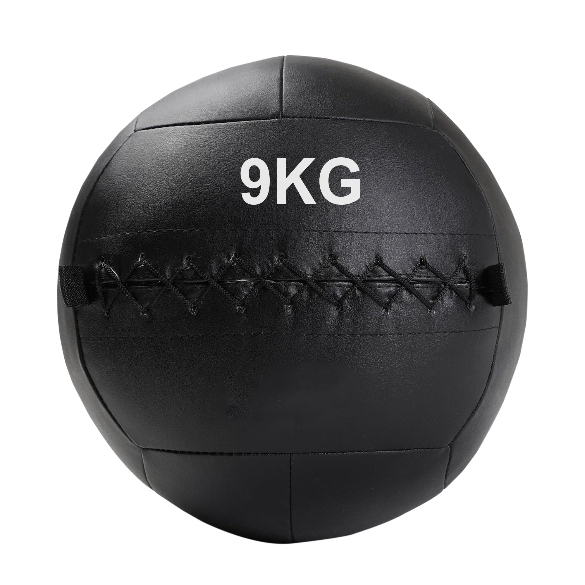 A black, double-stitched, textured wall ball with the weight '9KG' printed on it.
