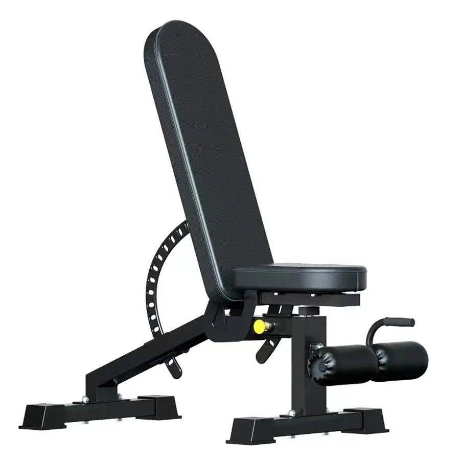 Black weight bench on a white background