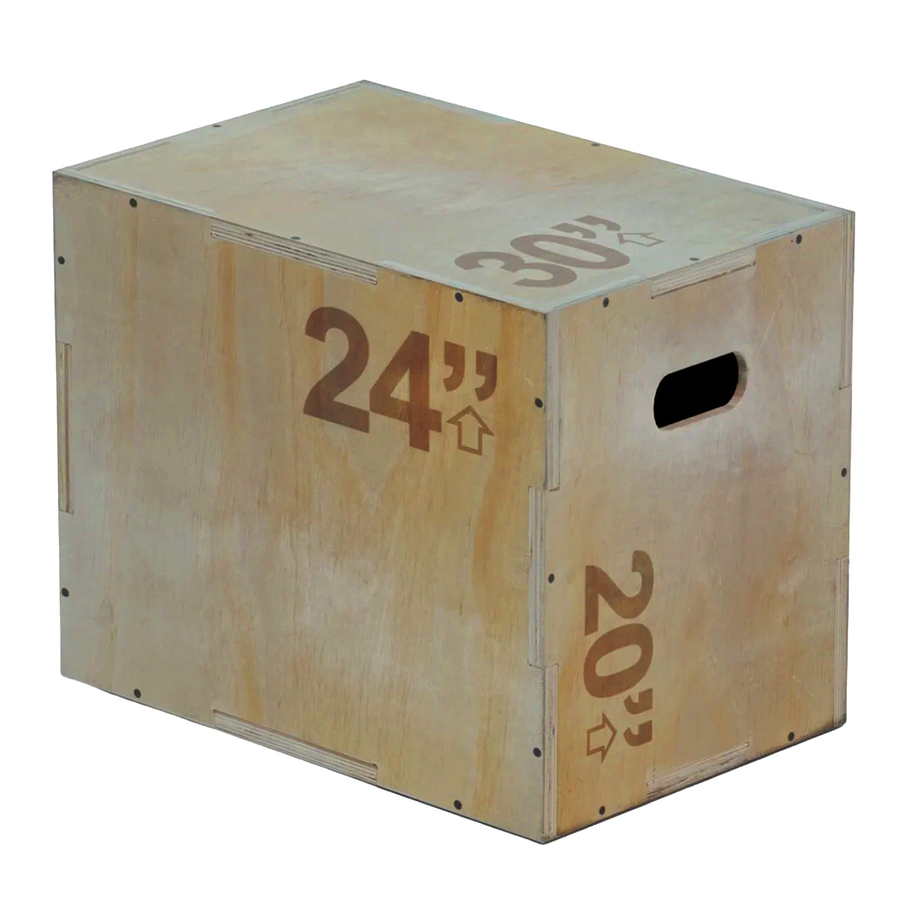 A beige 3-in-1 wooden plyometric jump box with marked heights for box jumps and step-ups.