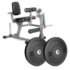 A professional leg extension and curl machine with a gray steel frame and black padded comfort seating.