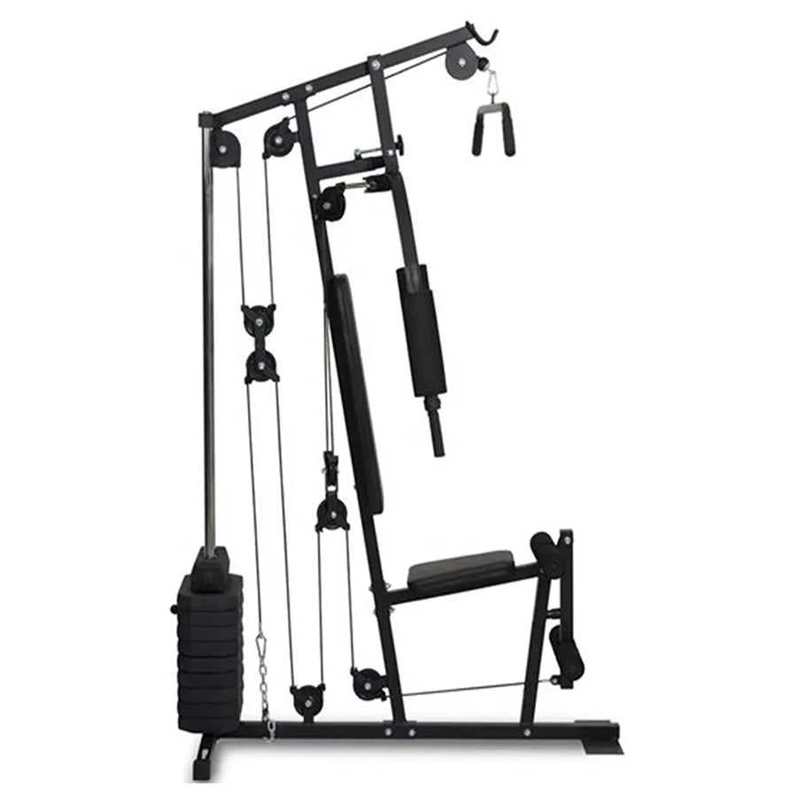 Black cable machine gym equipment on a white background
