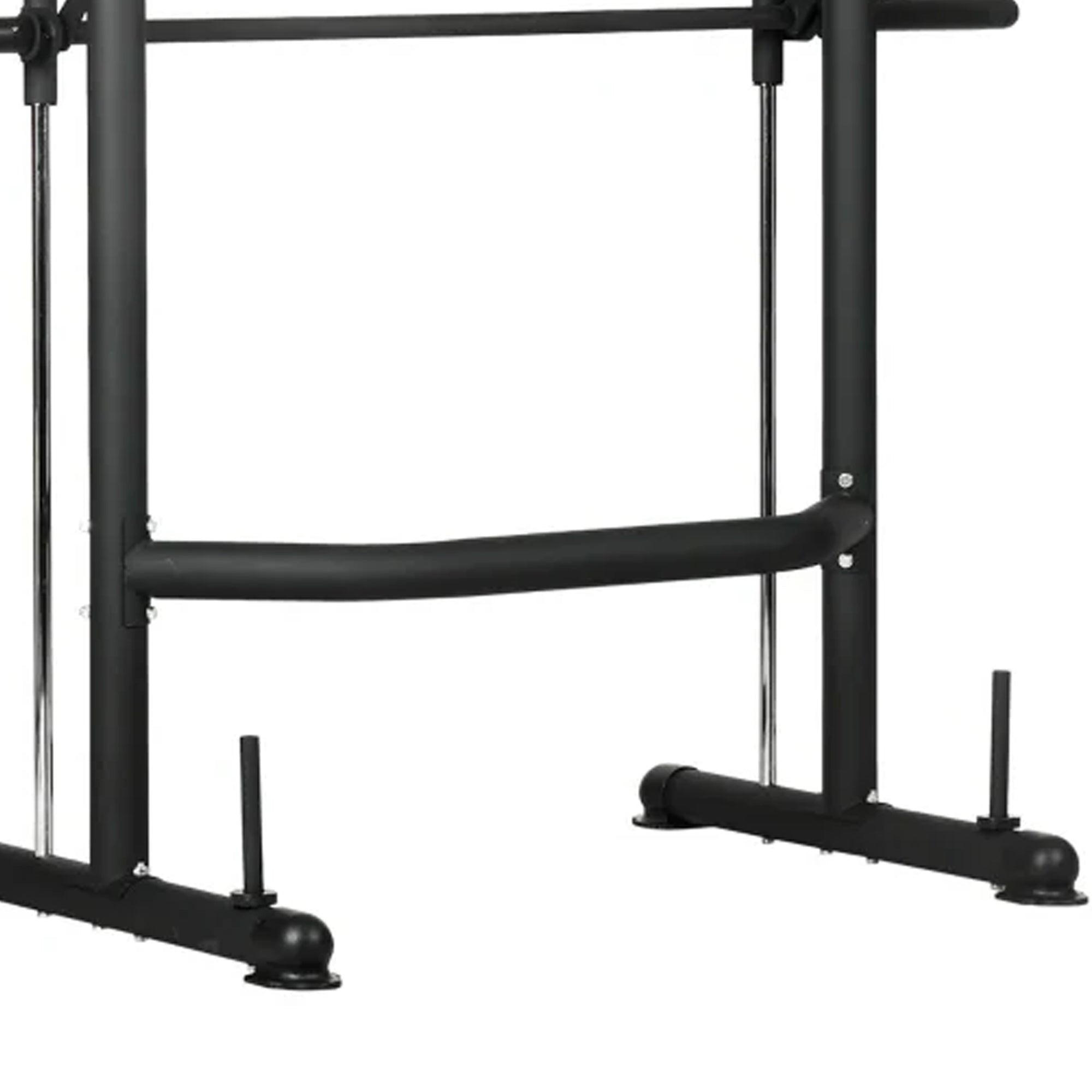 Black metal pull-up bar and weight rack on a white background