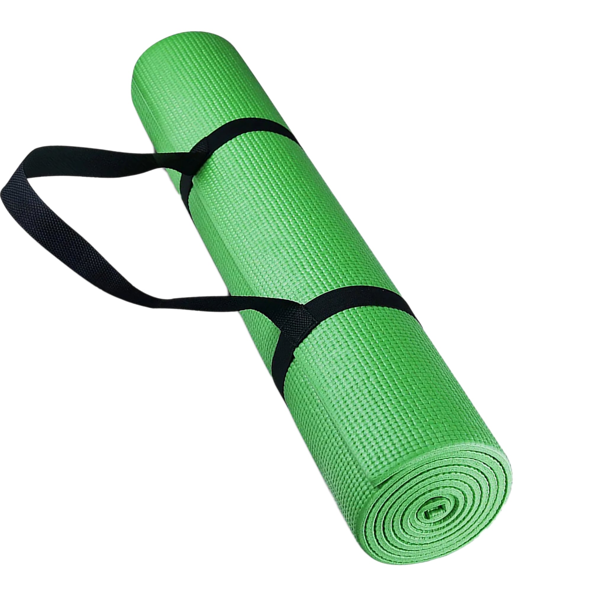 A rolled up purple yoga mat with a black carrying strap.