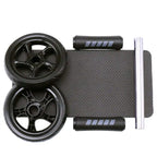 Black foam roller with two wheels on a white background