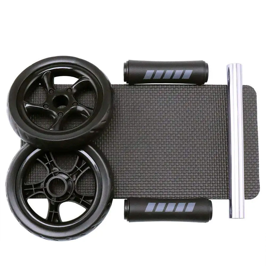 Black foam roller with two wheels on a white background