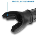 Close-up of a black grooming tool with anti-slip teeth grip on a white background