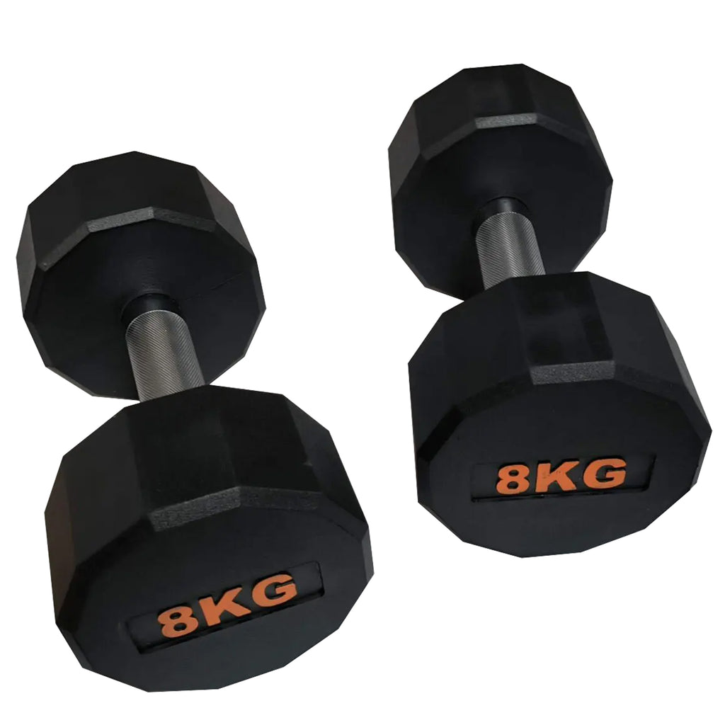Pair of black dumbbells with '8KG' marking on a white background