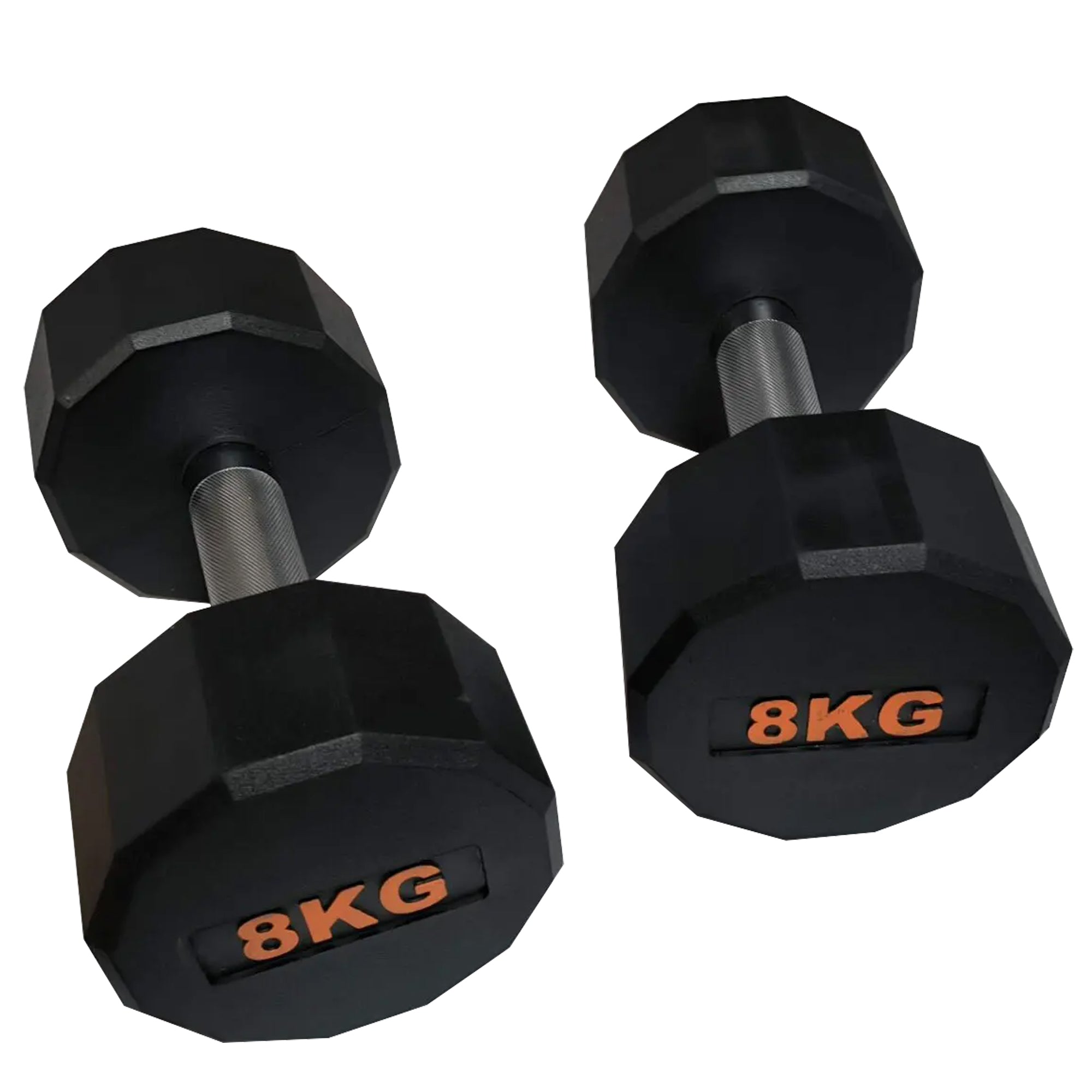 Pair of black dumbbells with '8KG' marking on a white background