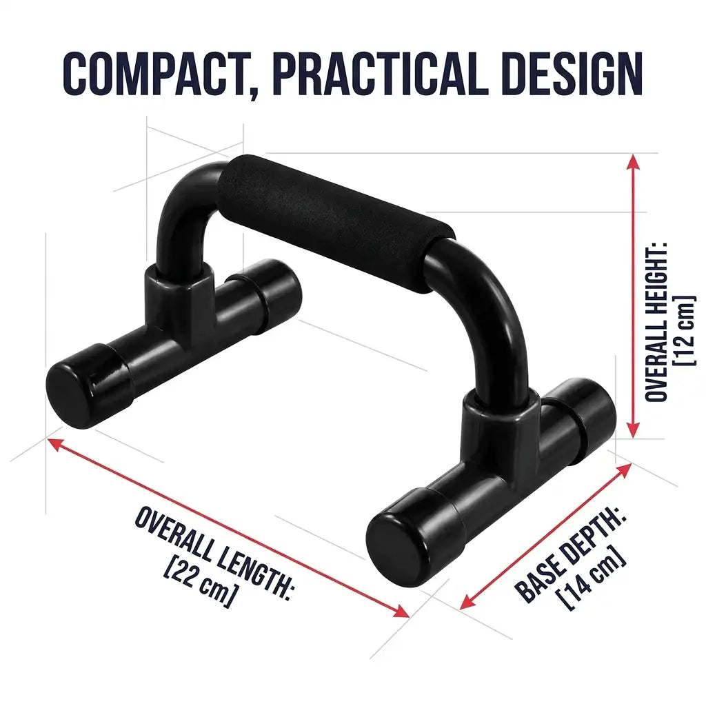 Black U-shaped push-up bar with foam handle and dimension annotations showing overall length 22 cm, overall height 12 cm, and base depth 14 cm on a white background.
