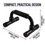 Black U-shaped push-up bar with foam handle and dimension annotations showing overall length 22 cm, overall height 12 cm, and base depth 14 cm on a white background.