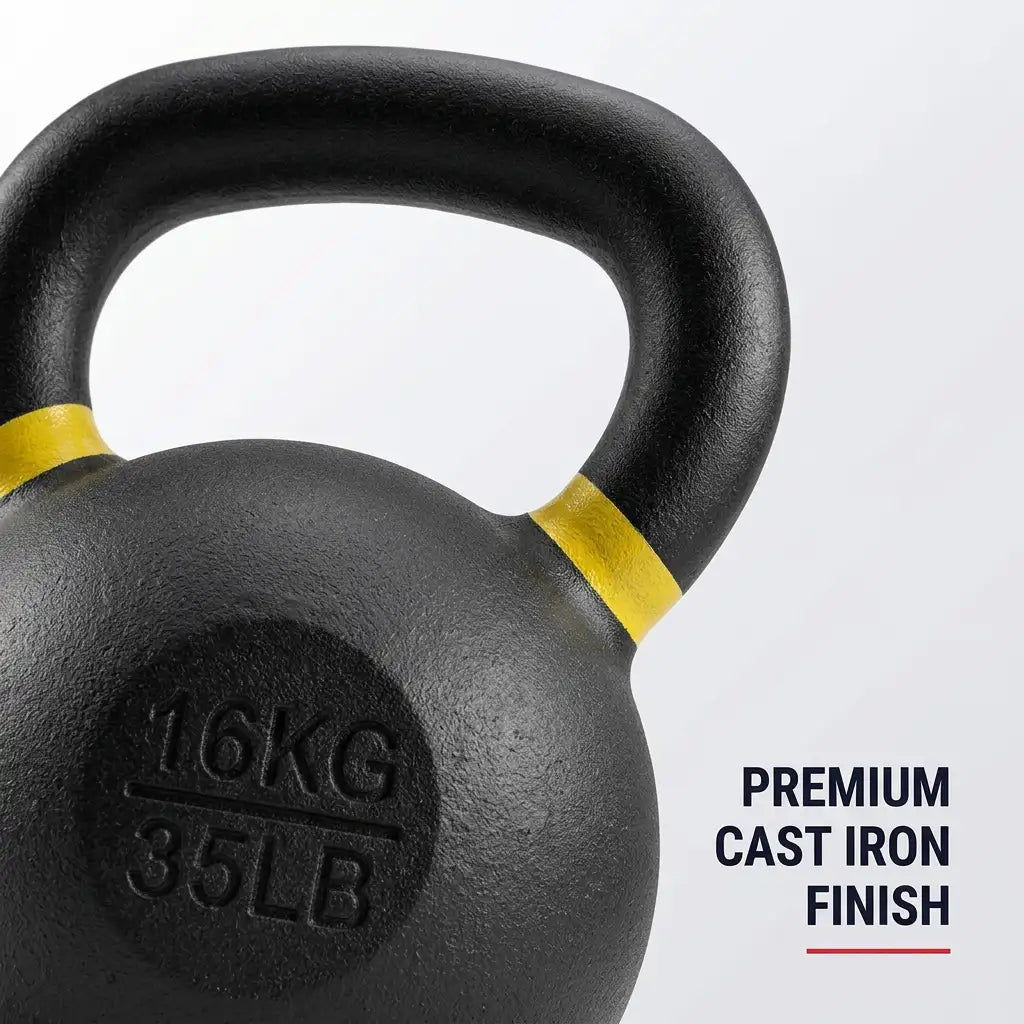 Close-up of a black cast iron kettlebell with yellow bands near the handle, embossed weight marking '16KG 35LB', and text on the right reading 'PREMIUM CAST IRON FINISH' on a light gray background.