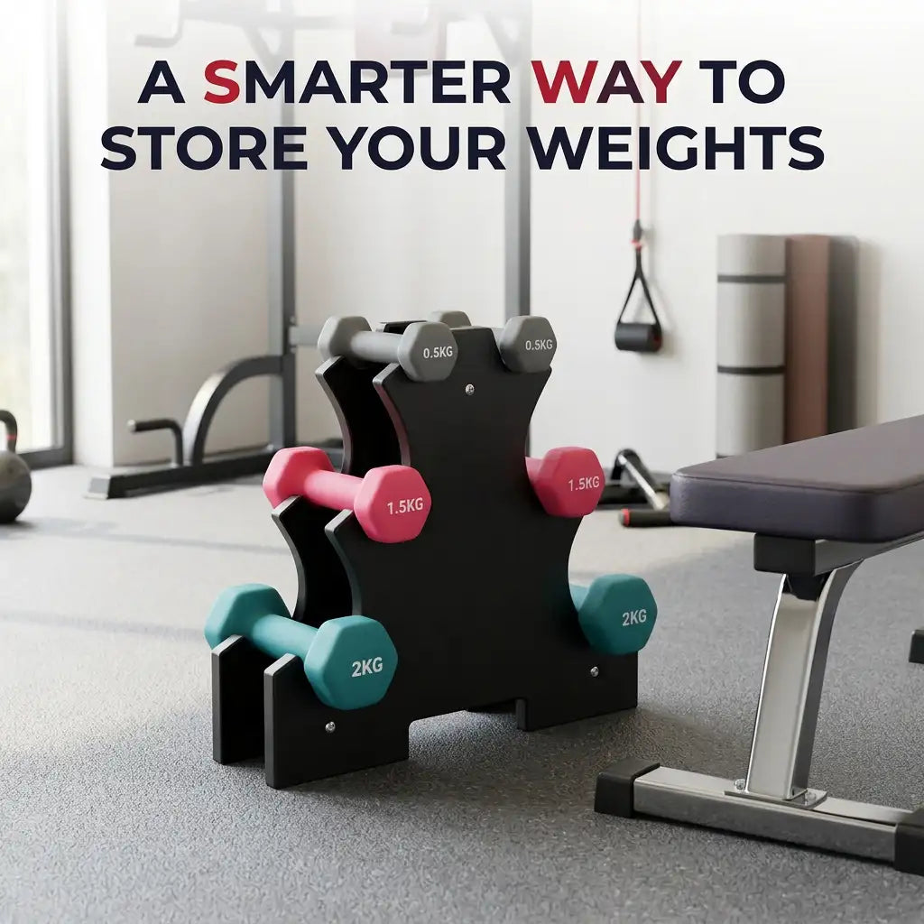 A black dumbbell rack holding pink and teal dumbbells in a gym setting, with a weight bench and exercise equipment in the background. Large text at the top reads 'A SMARTER WAY TO STORE YOUR WEIGHTS'.