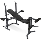 Black weight bench with adjustable components on a white background