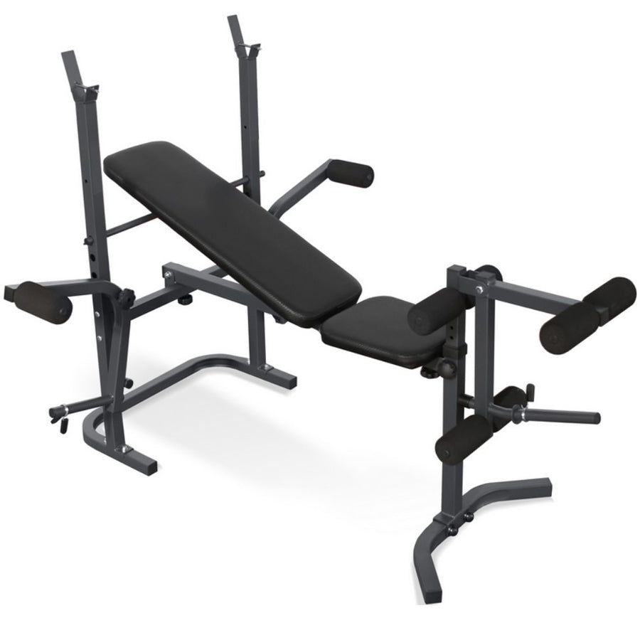 Black weight bench with adjustable components on a white background