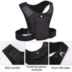Black vest with multiple pockets on a white background