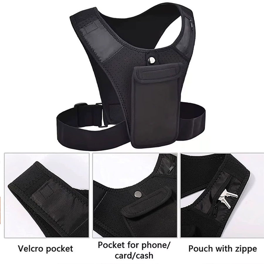 Black vest with multiple pockets on a white background