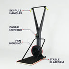 An indoor ski-pull exercise machine shown on a light gray studio background with callout labels pointing to the ski-pull handles, digital monitor, fan housing, and stable platform.