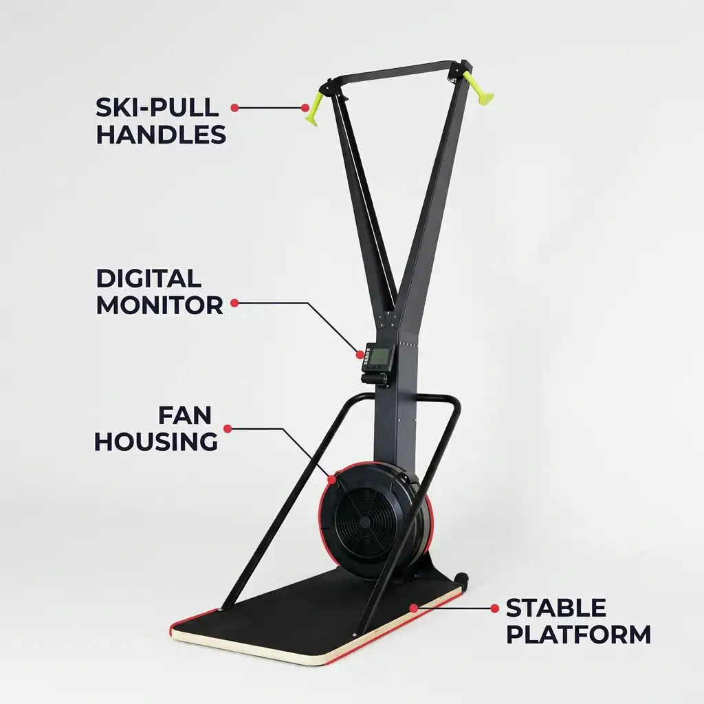 An indoor ski-pull exercise machine shown on a light gray studio background with callout labels pointing to the ski-pull handles, digital monitor, fan housing, and stable platform.