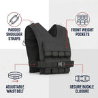 Black tactical weight vest with labeled callouts for padded shoulder straps, front weight pockets, adjustable waist belt, and secure buckle closure on a light gray background.