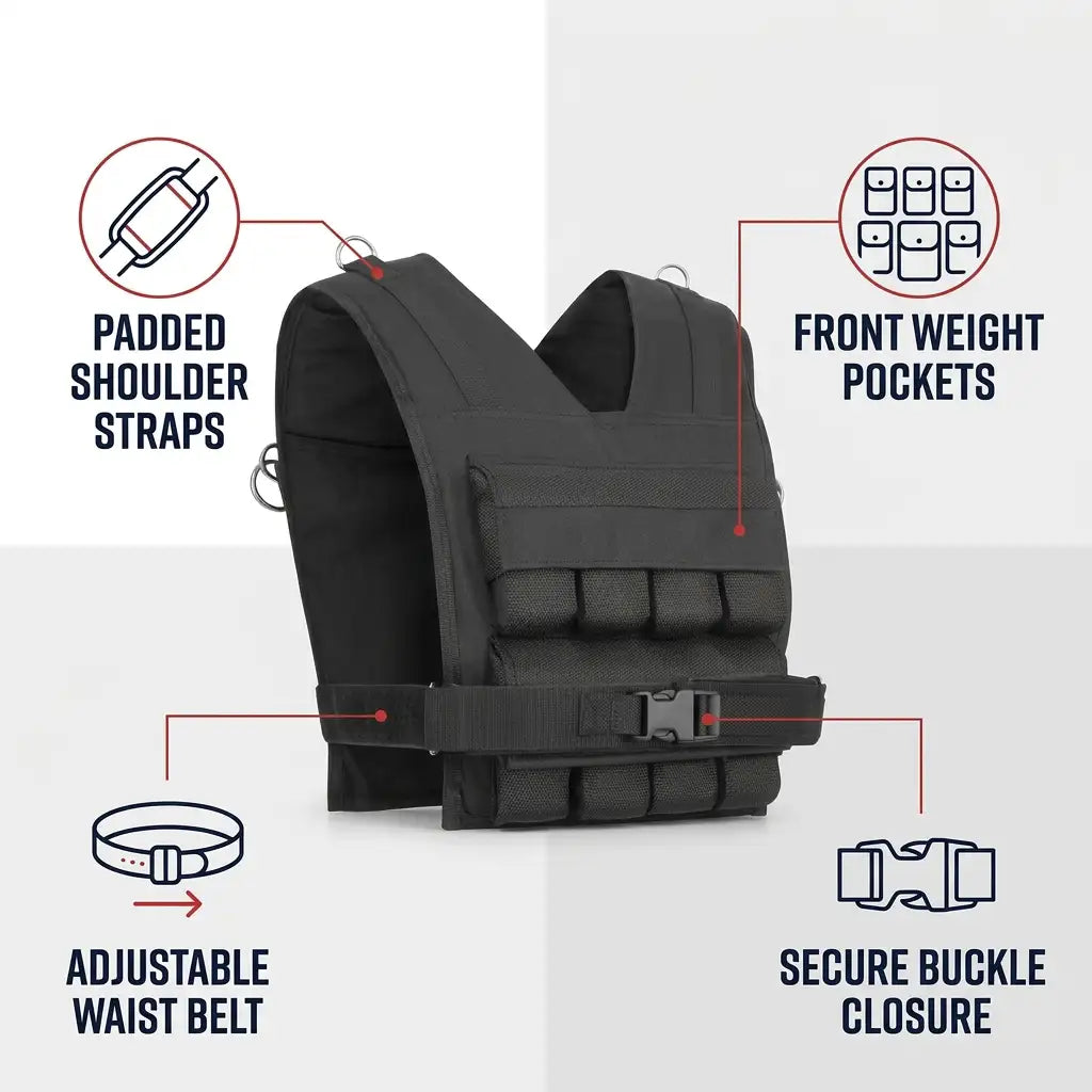 Black tactical weight vest with labeled callouts for padded shoulder straps, front weight pockets, adjustable waist belt, and secure buckle closure on a light gray background.
