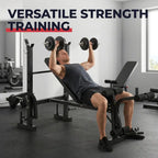 A man in a gym uses an adjustable weight bench with dumbbells, with the text 'VERSATILE STRENGTH TRAINING' at the top. The bench is black and features multiple attachments, shown in a bright gym setting.