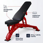 Adjustable weight bench with red steel frame and black padded seat and backrest, shown on a light gray background with callout labels for FID adjustable design, padded seat and backrest, heavy-duty steel frame, and 590 kg / 1,300 lbs capacity.