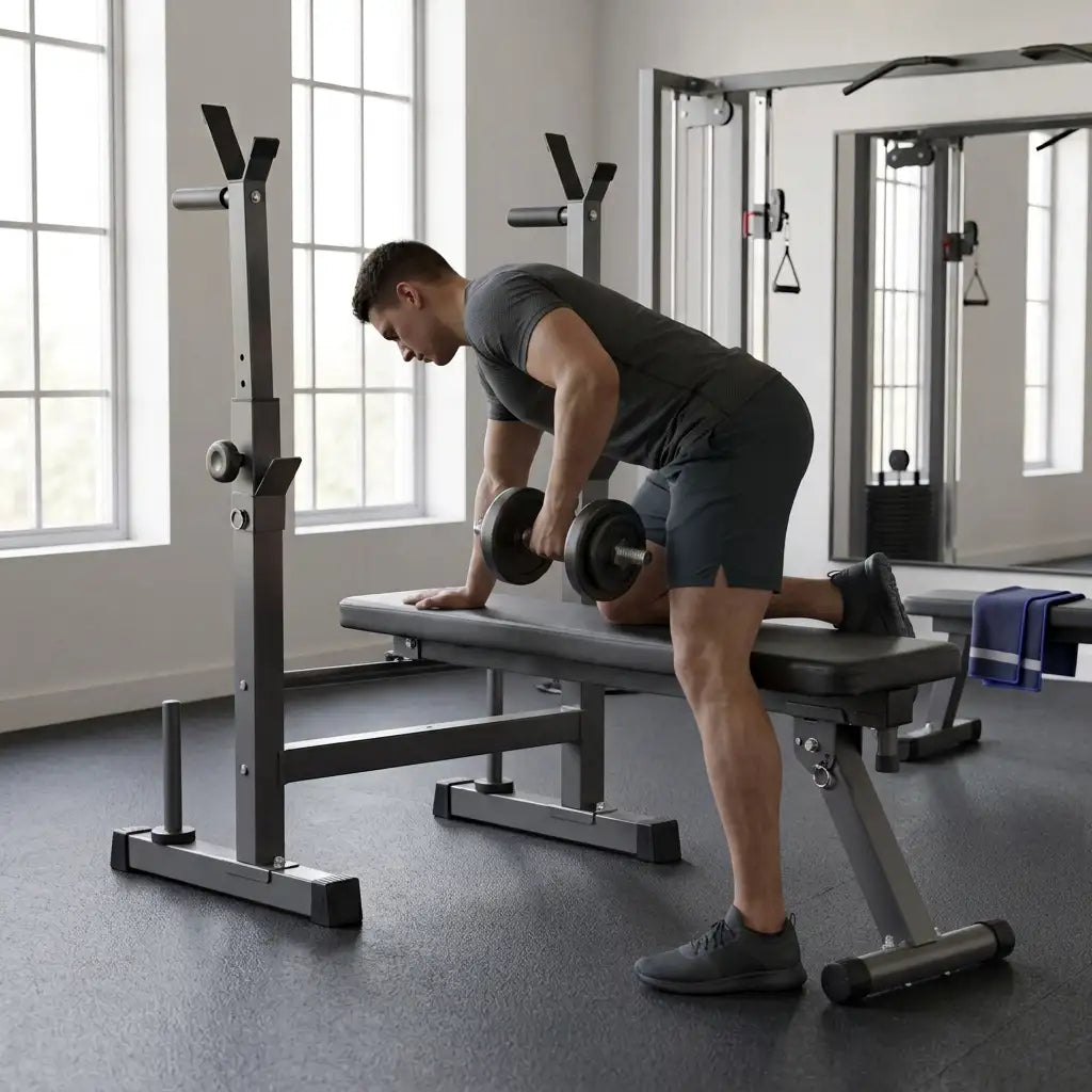 Adjustable Weight Bench with Dip Station & Barbell Rack