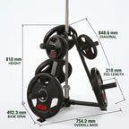 A black weight bench with barbell plates and a vertical barbell, shown with overlaid dimension lines and text indicating height, diagonal, peg length, base span, and overall base measurements on a light gray background.