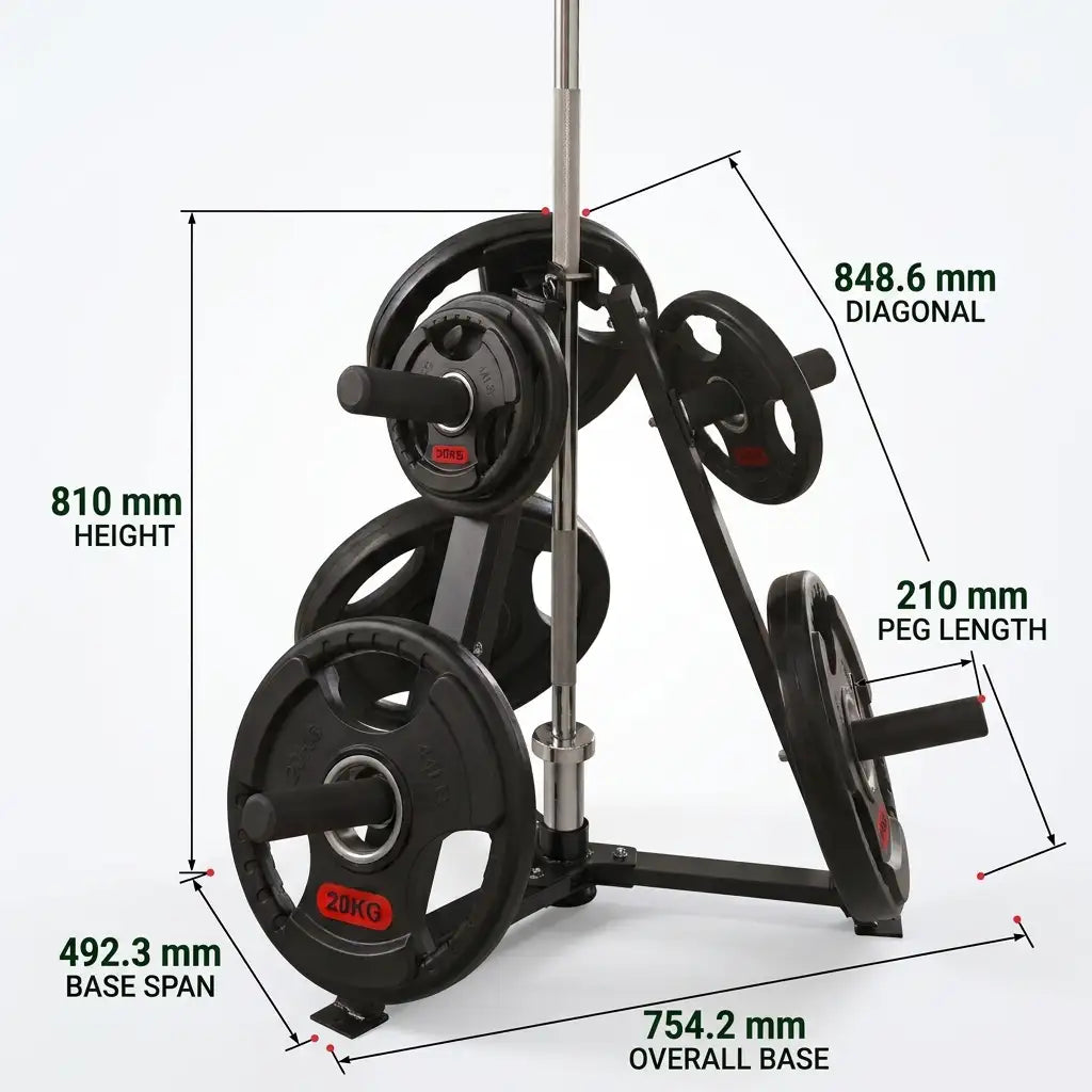 A black weight bench with barbell plates and a vertical barbell, shown with overlaid dimension lines and text indicating height, diagonal, peg length, base span, and overall base measurements on a light gray background.