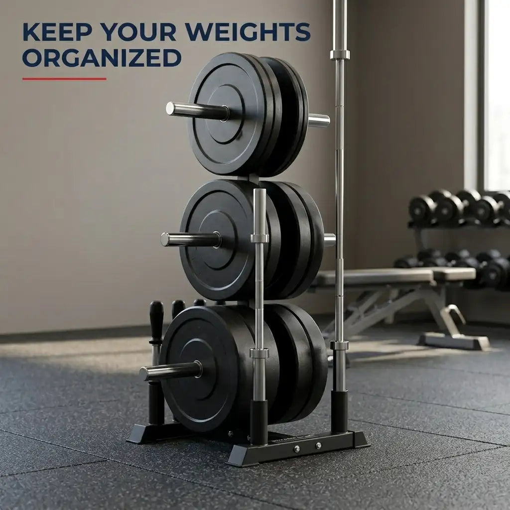 A black and silver weight stack rack holding multiple black weight plates, shown in a gym setting with dumbbells and a bench in the background. Text in the top left reads 'KEEP YOUR WEIGHTS ORGANIZED'.