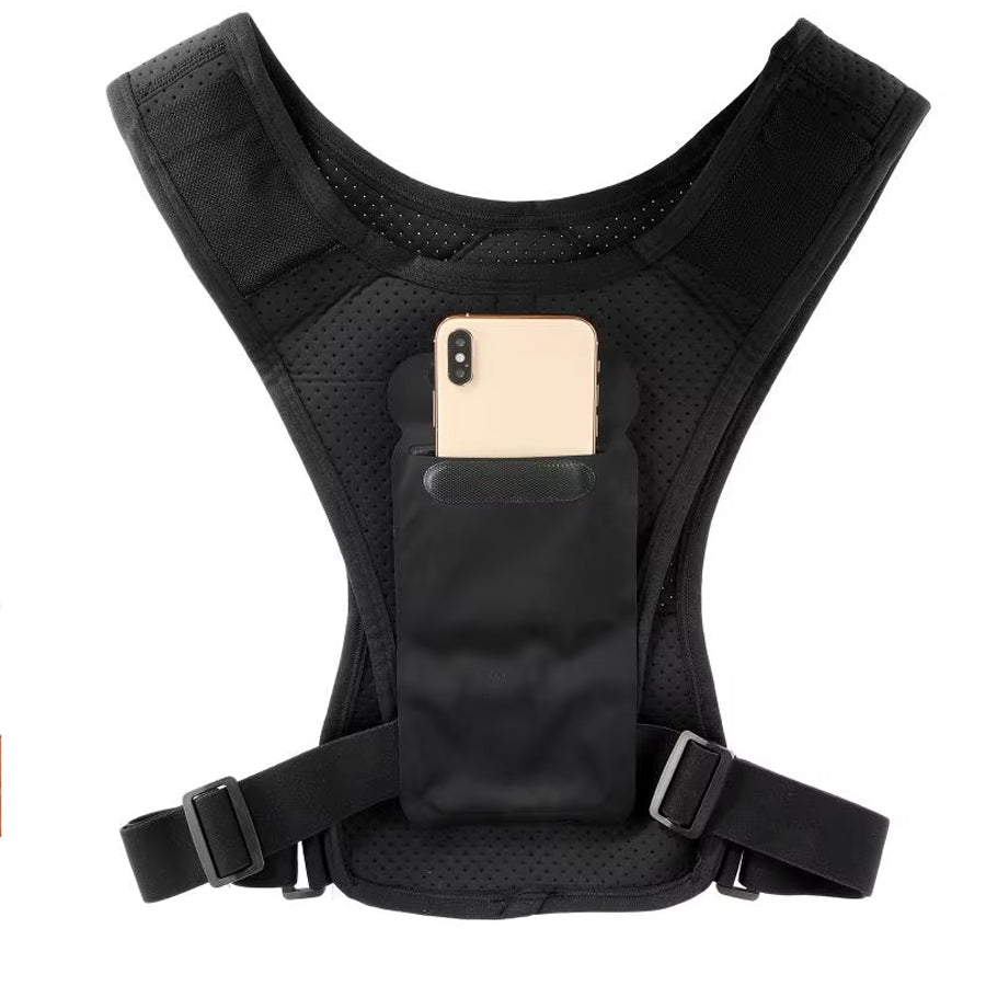 Black chest harness with a pocket holding a phone on a white background.