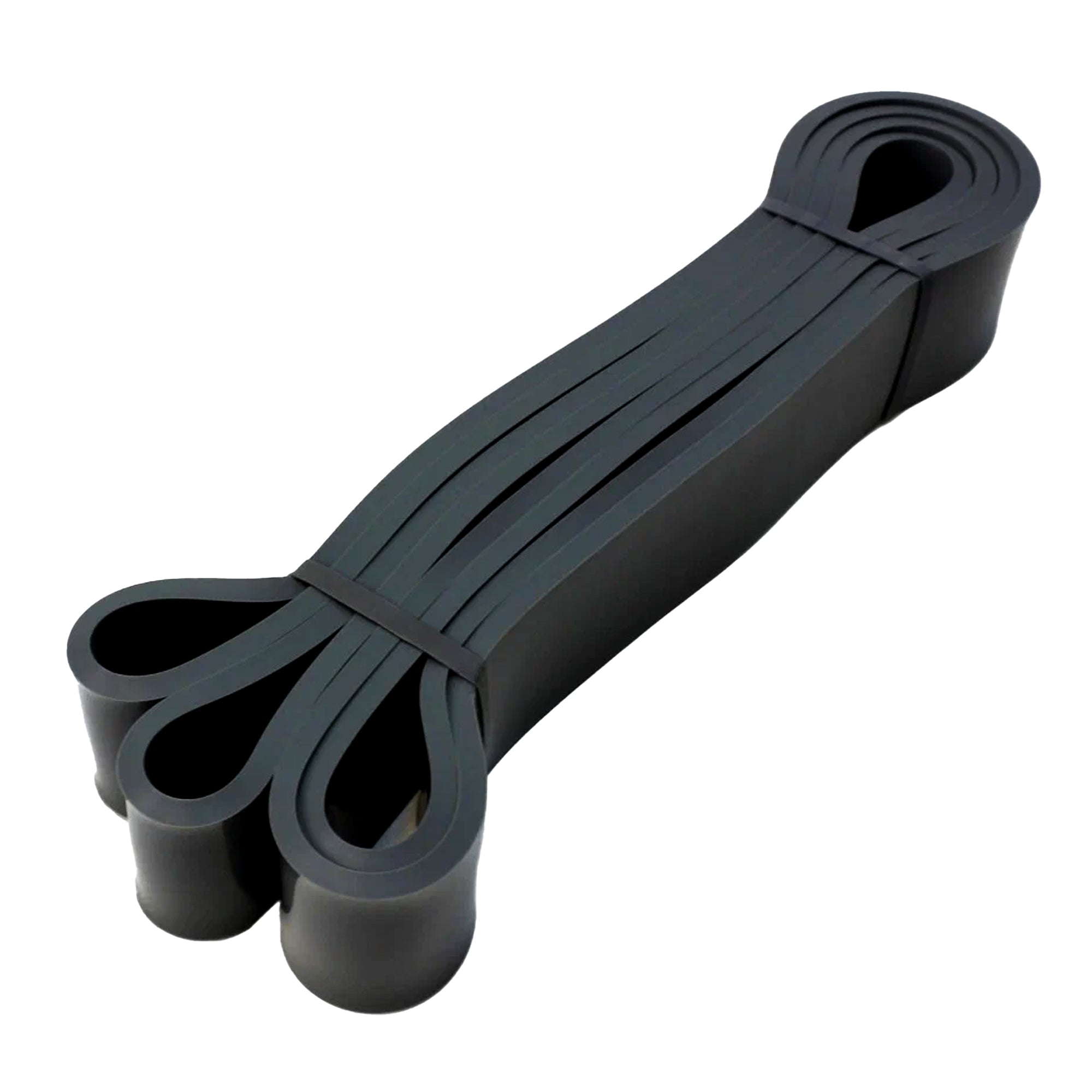 A set of five resistance bands in different colors, including yellow, red, black, purple, and green, displayed with a black carrying pouch.